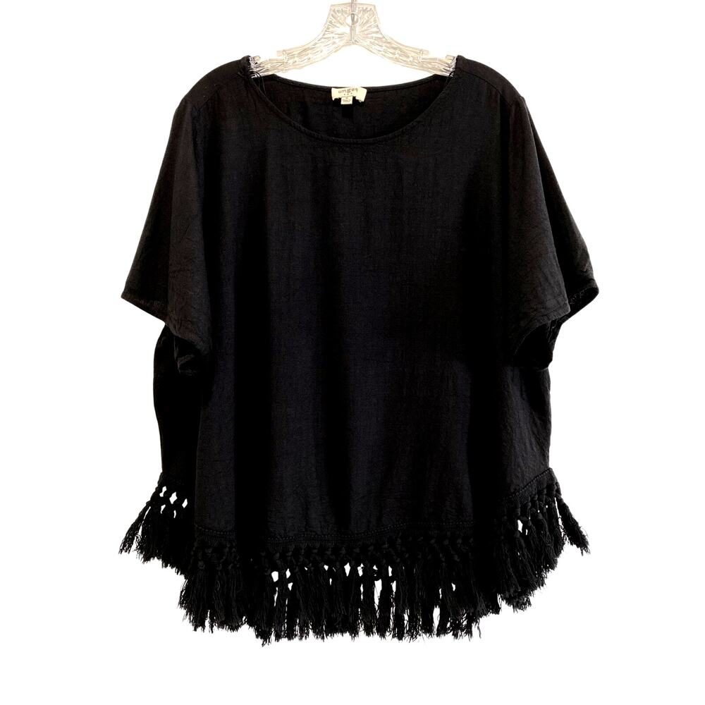 Umgee Fringe Linen Blend Top Size M Black Short Sleeve Boho Resort Wear Retro